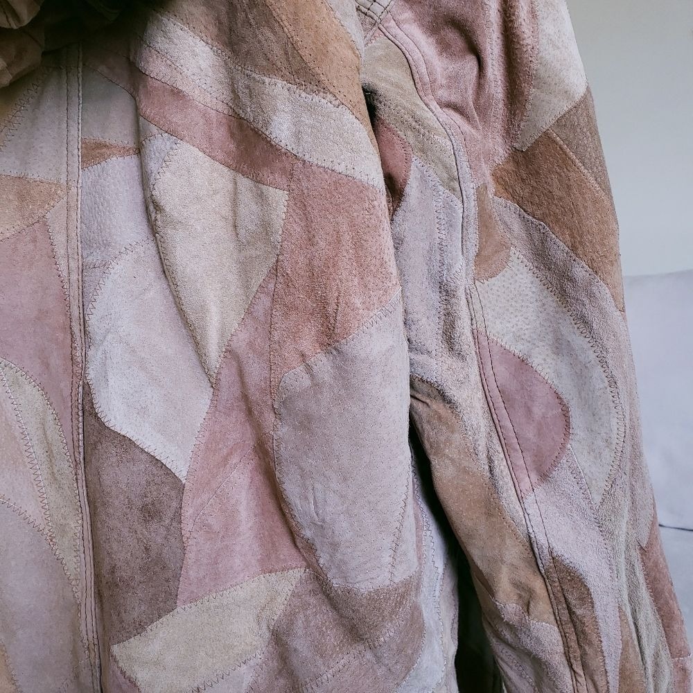 Leather Patchwork‎ Shearling Lined Oversized Button Front Hooded Coat - Picture 4 of 14